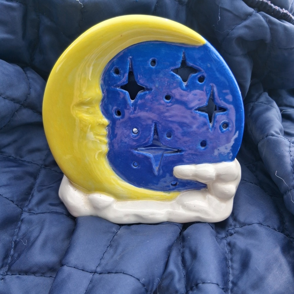 Vtg 90s Homemade Celestial Moon And Stars Glazed Ceramic Tea Light Candle Holder